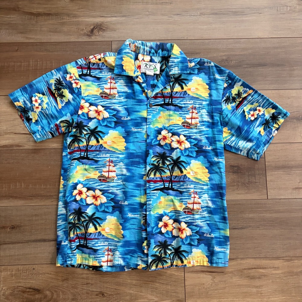 KY'S Mens Shirt Medium Blue Cotton Sailboat Tropical Aloha Made in Hawii USA